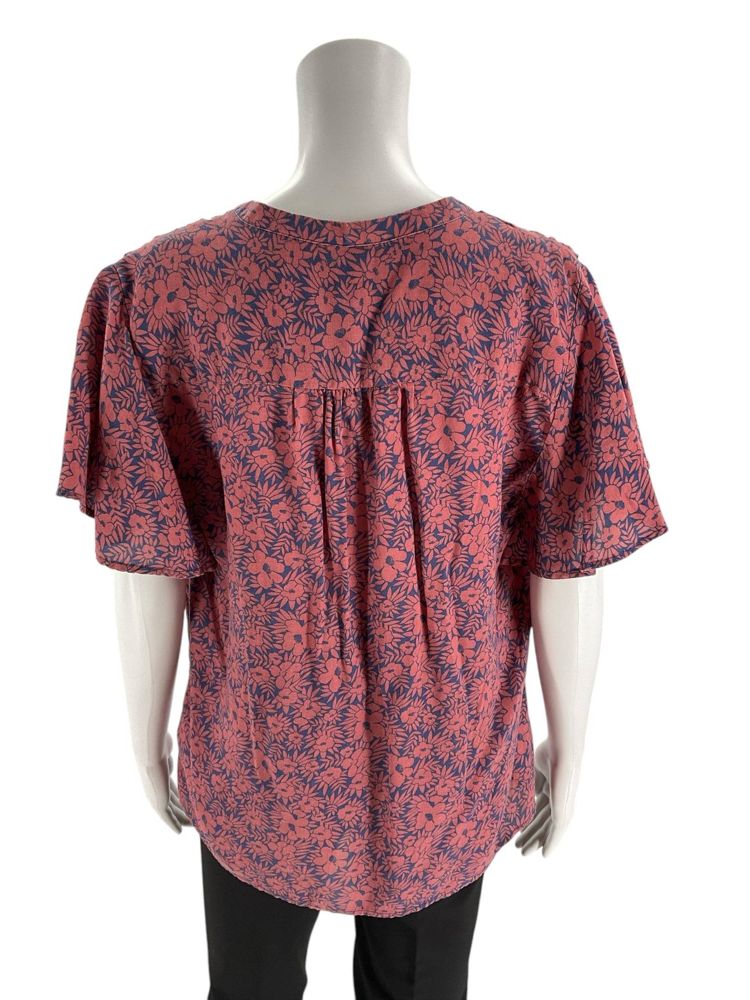 Back view of Gap V Neck Top - Floral Rust & Blue Top, size large, showcasing pleated detailing and loose silhouette.