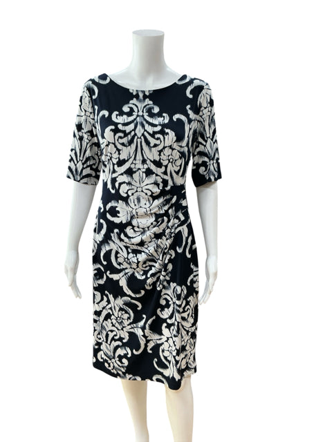 Connected Apparel Margaret Ruched Sheath Dress Navy Baroque Print Size 8
