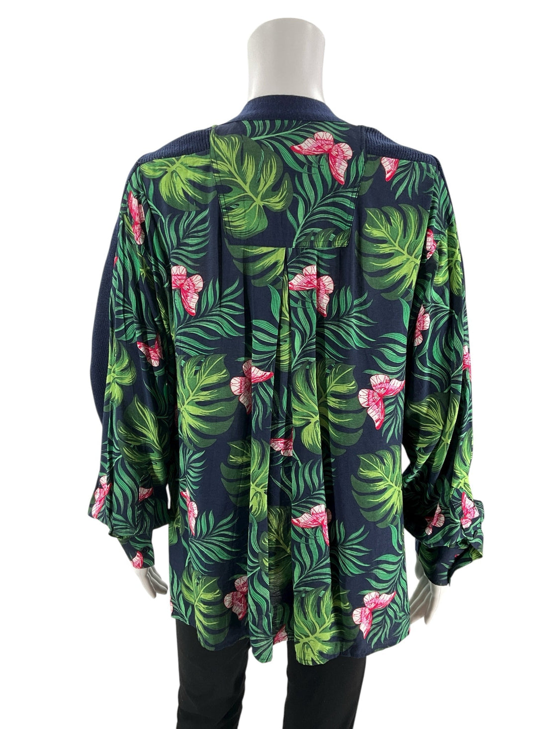 Sandrine Rose Navy Palm Leaves Pre-Owned Ladies New With Tags Cardigan - Size Small - Margaret’s Fine Consignment