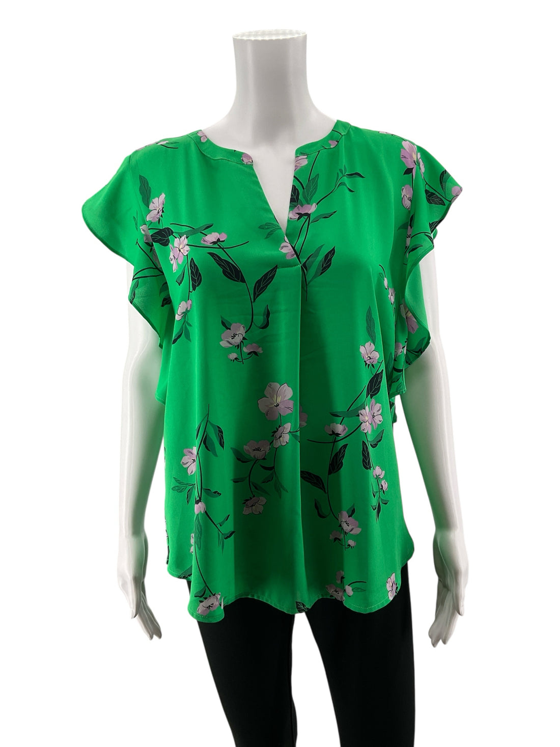 Ann Taylor green/purple Cap Sleeve Green &amp; Purple Floral Flutter Sleeve Blouse Top Size Large - Size L