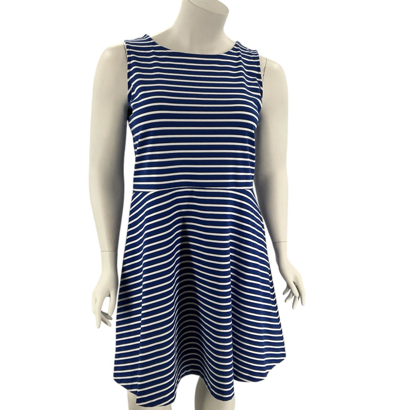 Talbots Blue/White Stripe Dress - Size 1X shown from front on mannequin; sleeveless, flattering A-line fit, new with tags.
