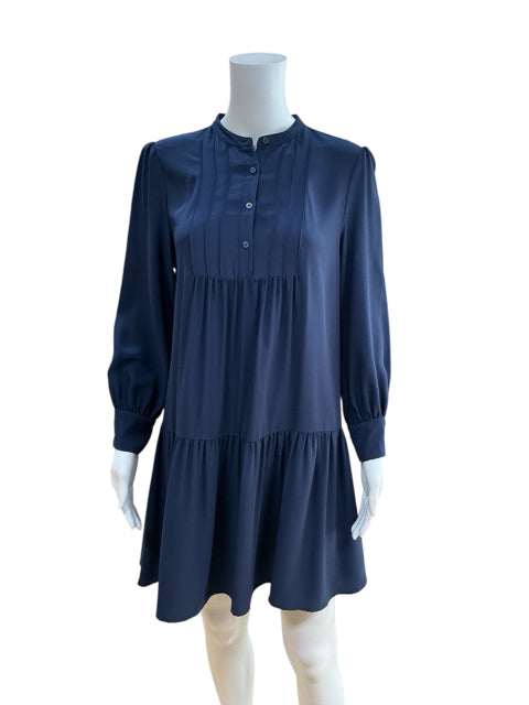 Front view of Halogen Navy Pre-Owned Ladies Dress - Size XXS Petite on mannequin, showcasing long bishop sleeves and band collar with pintuck detail.