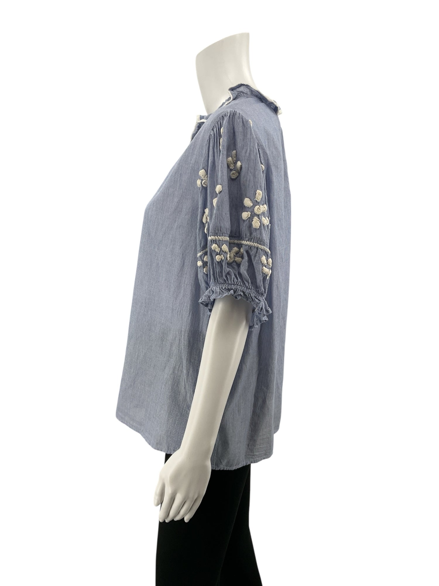 THML white/blue Short Sleeve Ruffle Neck Embroidered Pinstripe Top Blue White Cotton XL - Size XL