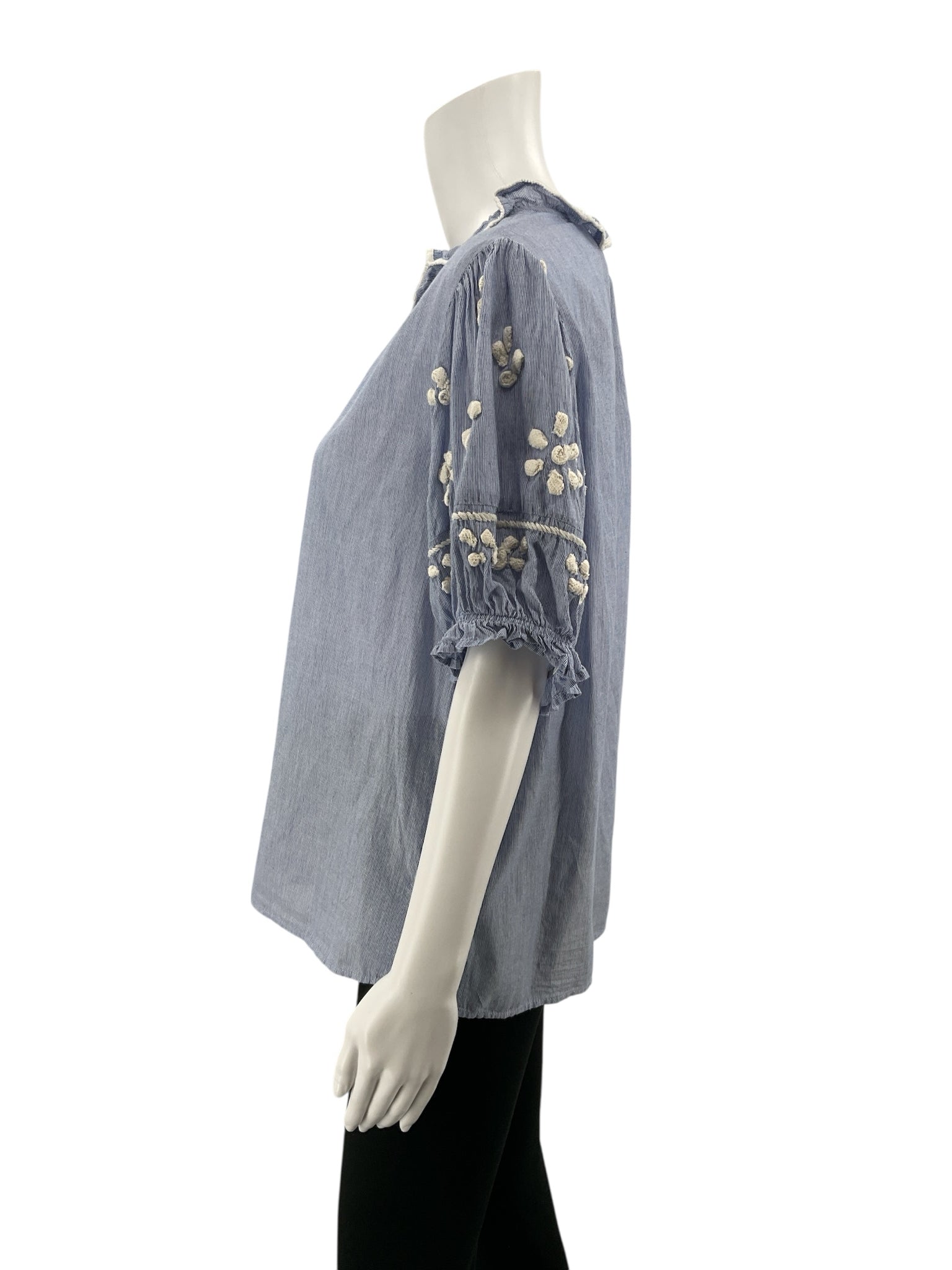 THML white/blue Short Sleeve Ruffle Neck Embroidered Pinstripe Top Blue White Cotton XL - Size XL