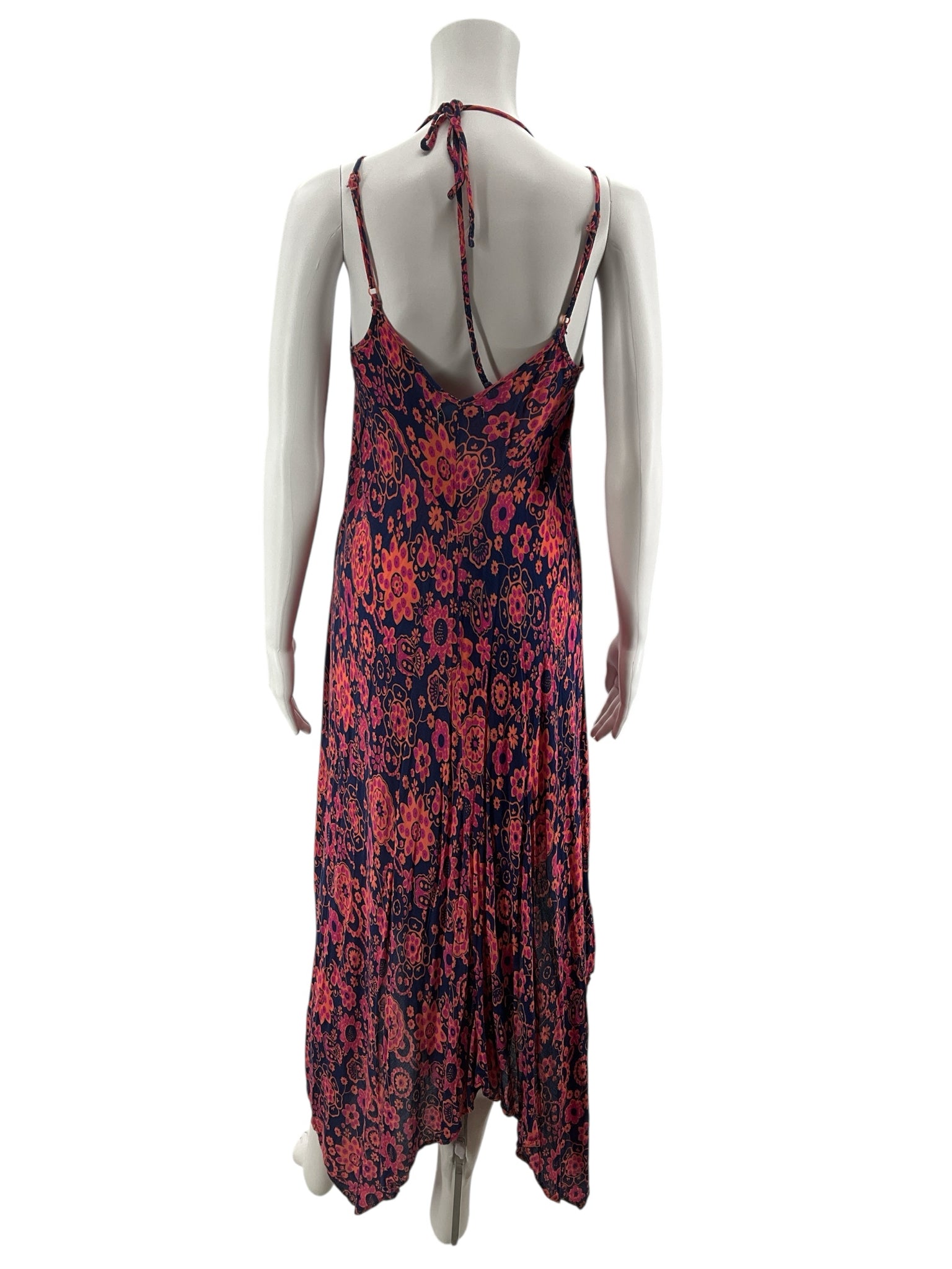 YM &amp; Co. Navy &amp; Pink Floral Handkerchief Hem Halter Maxi Dress Size Small