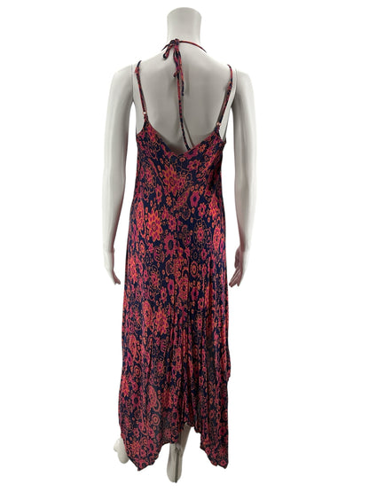 YM &amp; Co. Navy &amp; Pink Floral Handkerchief Hem Halter Maxi Dress Size Small