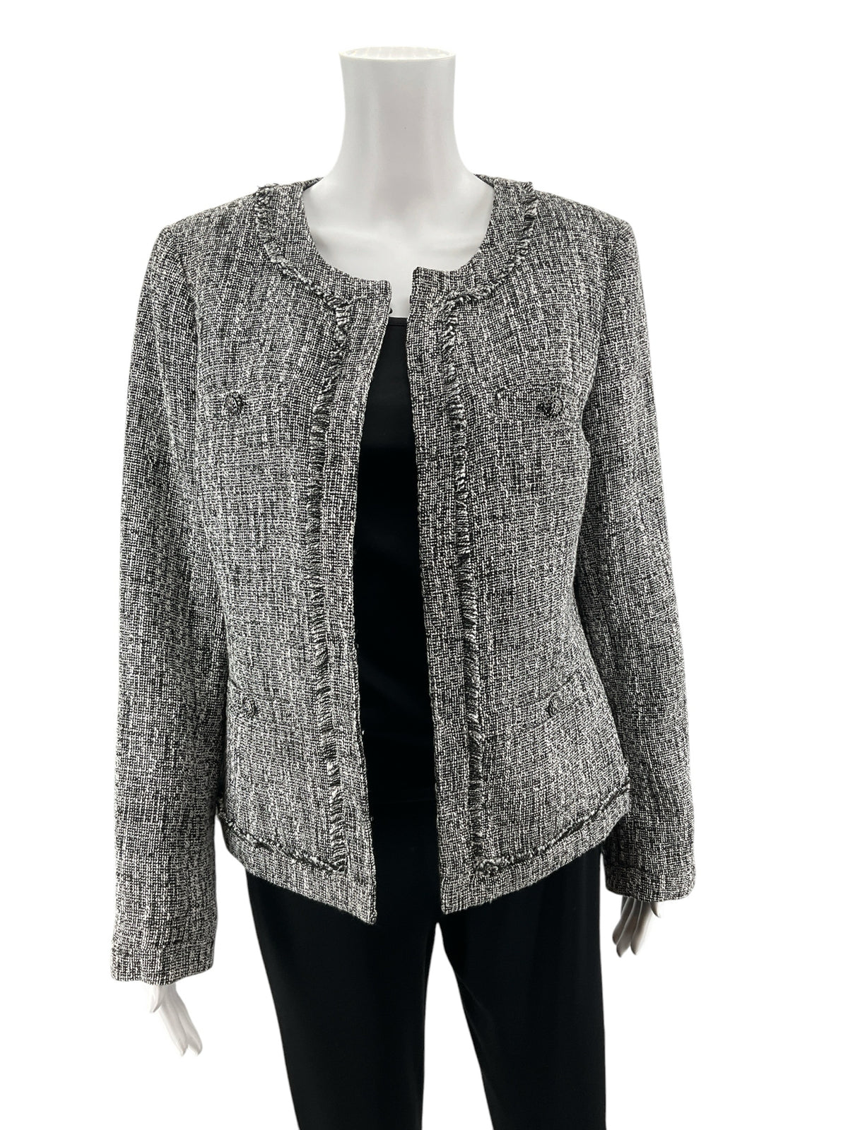 Karl Lagerfeld Paris Black &amp;amp; White Tweed Fringe Trim Bouclé Jacket Size 10