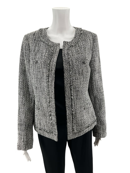 Karl Lagerfeld Paris Black &amp;amp; White Tweed Fringe Trim Bouclé Jacket Size 10