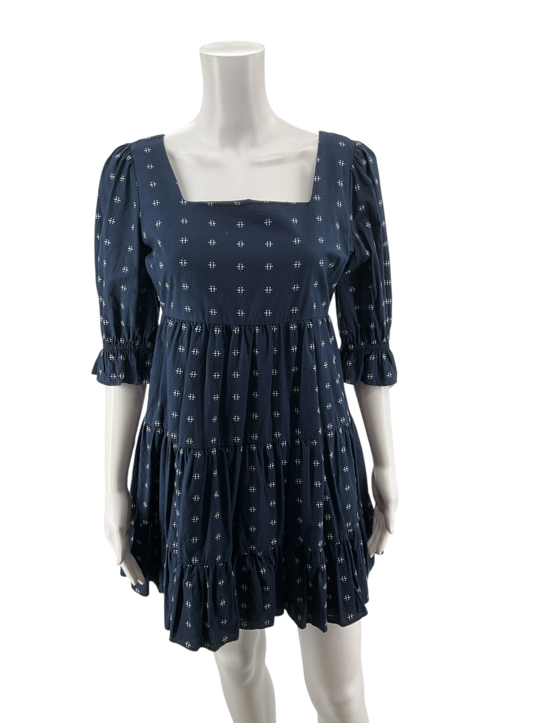 Madewell navy/white Babydoll Smocked-Cuff Tiered Mini Dress Navy Diamond Print Cotton Size 2 - Size 2