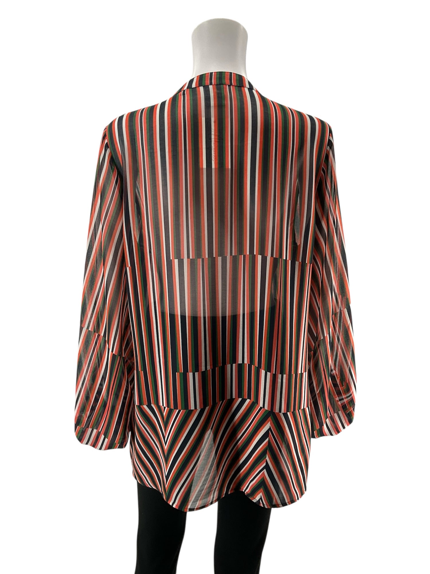 cabi Navy/Green/Coral Long Sleeve Chevron Tunic Top Size Medium Navy Green Coral Stripe Sheer Tie Cuff Blouse 5519 - Size M