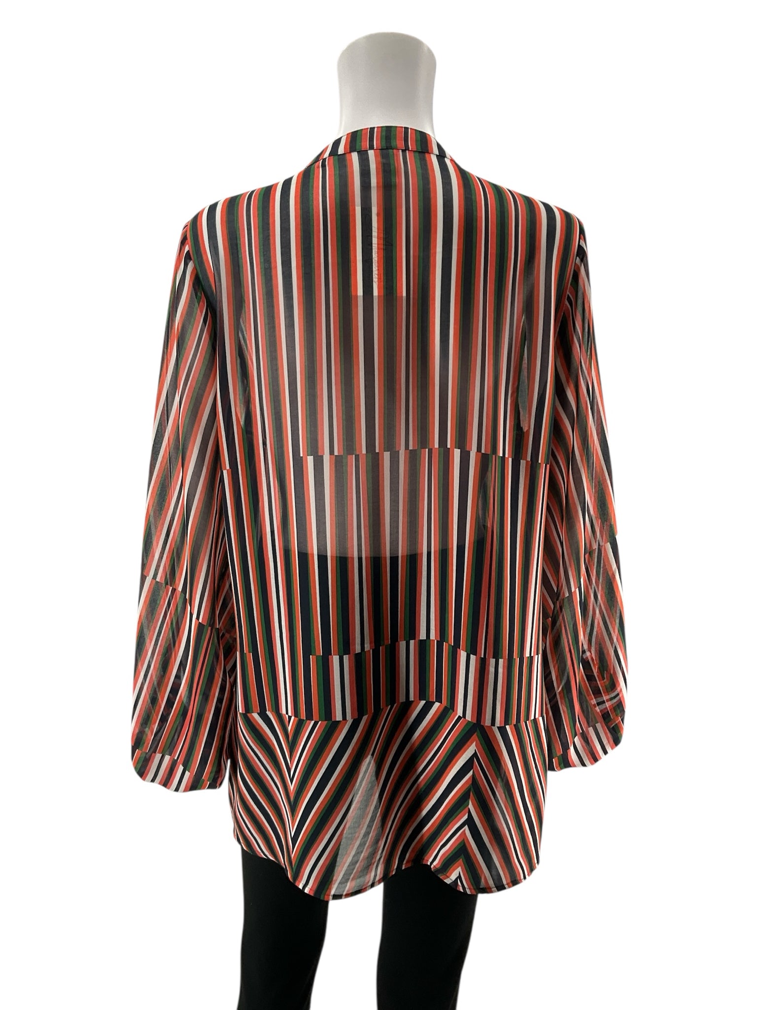 cabi Navy/Green/Coral Long Sleeve Chevron Tunic Top Size Medium Navy Green Coral Stripe Sheer Tie Cuff Blouse 5519 - Size M