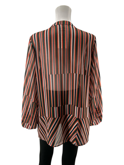 cabi Navy/Green/Coral Long Sleeve Chevron Tunic Top Size Medium Navy Green Coral Stripe Sheer Tie Cuff Blouse 5519 - Size M