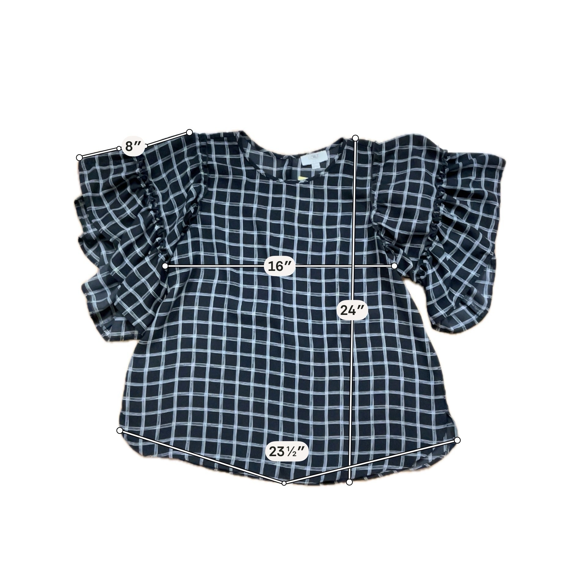 LOFT Outlet Petite Gray &amp; White Checkered Ruffle Flutter Sleeve Blouse