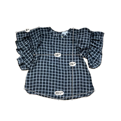 LOFT Outlet Petite Gray &amp; White Checkered Ruffle Flutter Sleeve Blouse