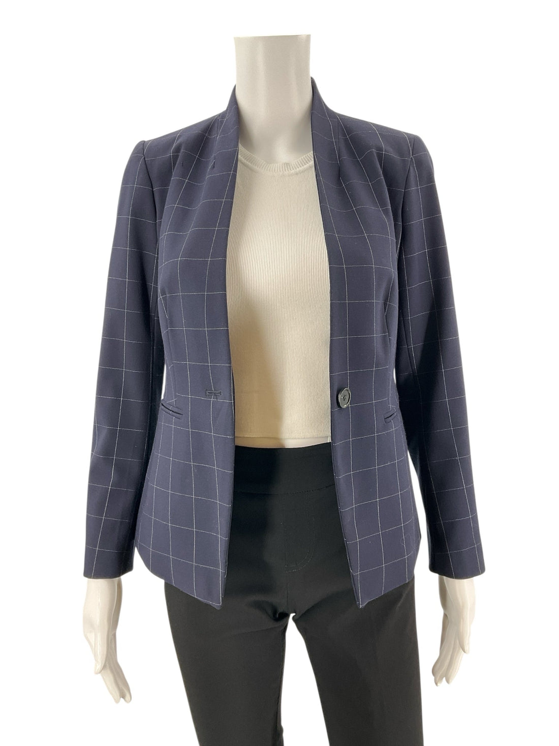 Ann Taylor navy and white checkered blazer for women, size 00 petite, featuring a tailored fit and stylish design.