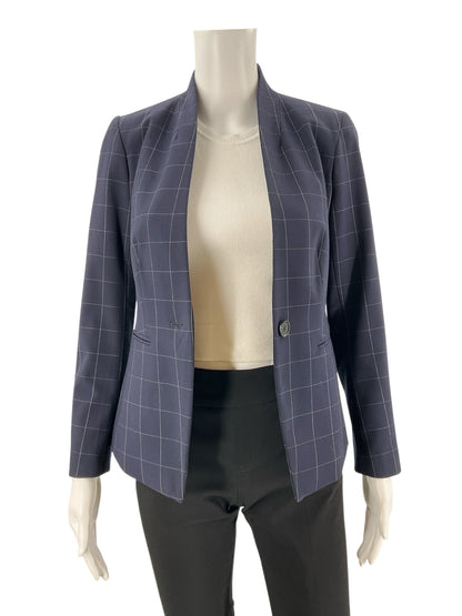 Ann Taylor navy and white checkered blazer for women, size 00 petite, featuring a tailored fit and stylish design.