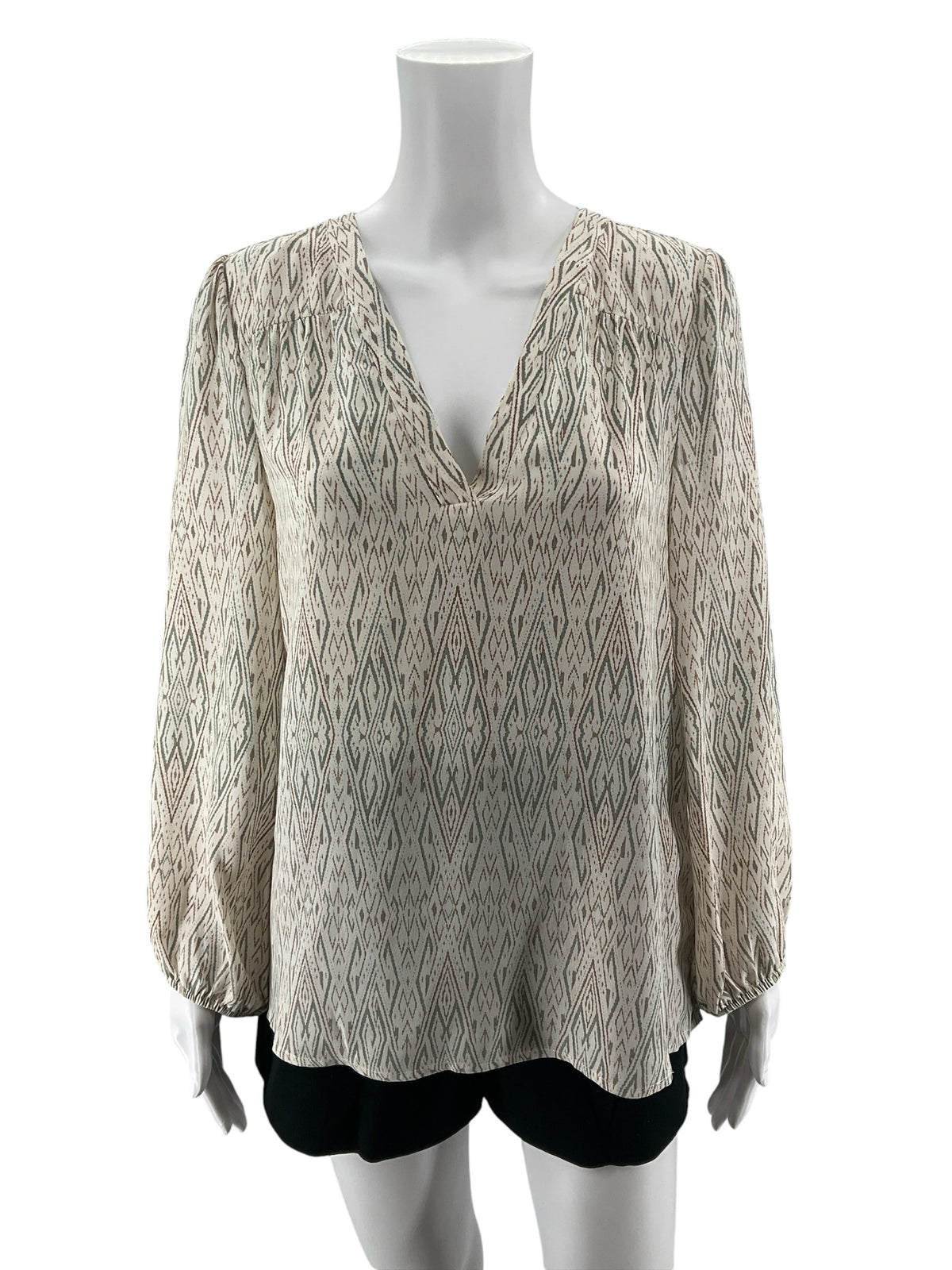 Joie Marru Ikat Diamond Print Silk Blouse Tan Green V-Neck Top Size Small- ONLINE ONLY