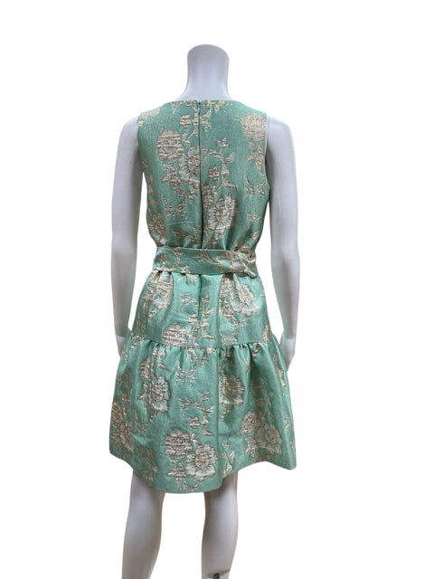 Maison Tara Aqua Gold Floral Metallic Jacquard Fit &amp; Flare Dress Size 6