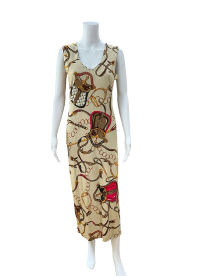 Virna Drò Equestrian Chain Print Sleeveless Maxi Dress Made in Italy Size Medium