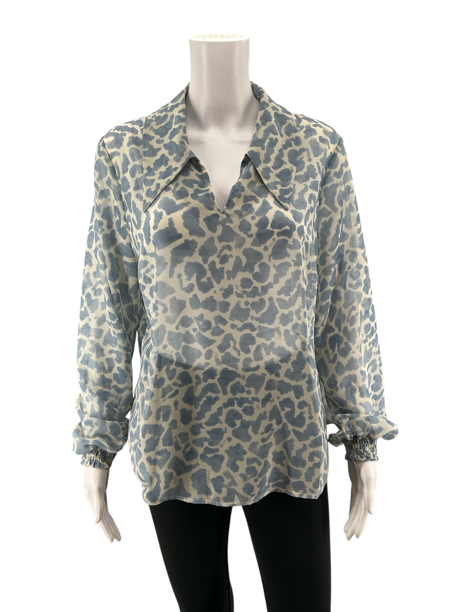 cabi blue/white Long Sleeve Tuxedo Blouse Blue Leopard Print Sheer Long Sleeve Top Size Medium - Size M