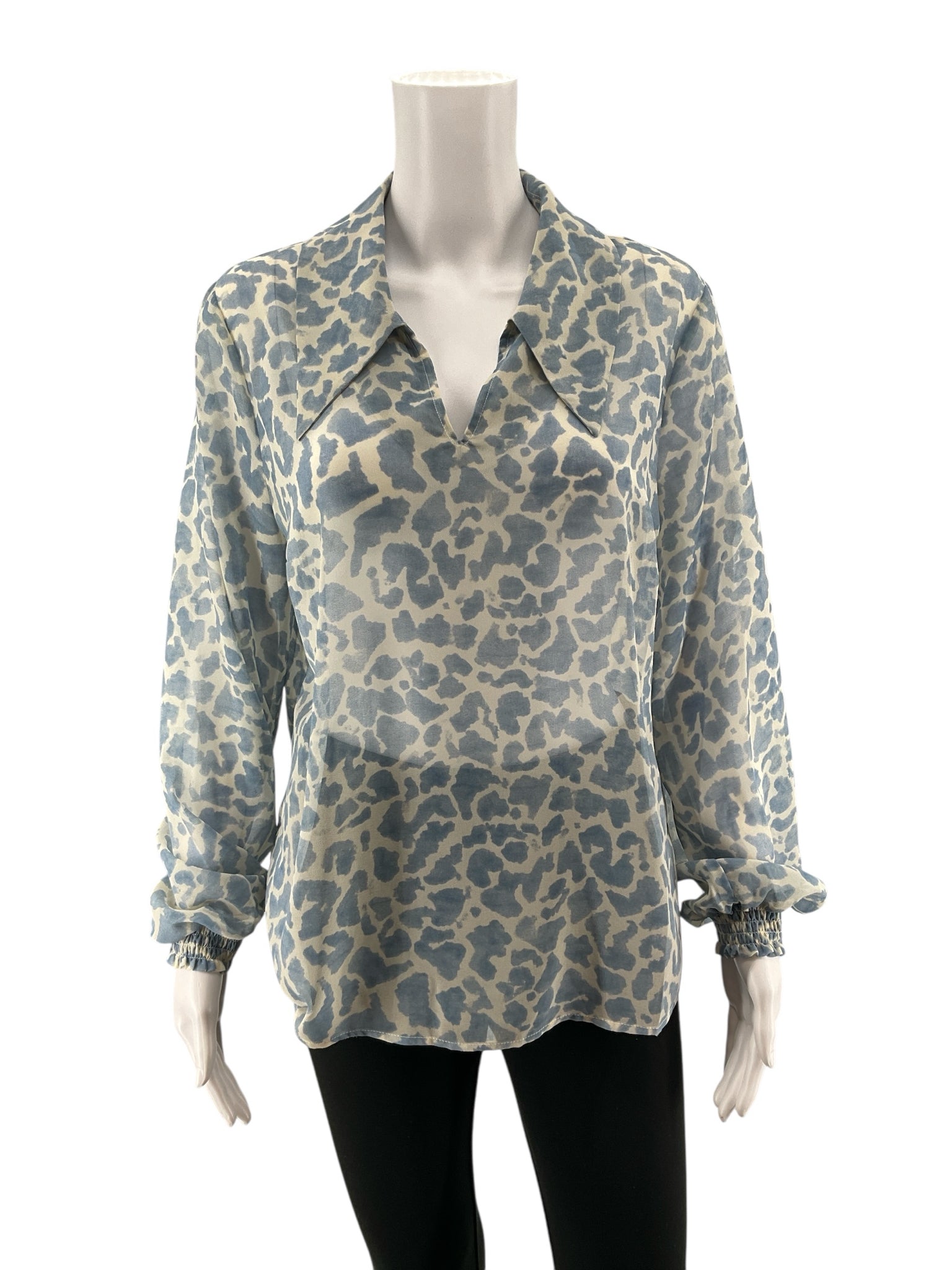 cabi blue/white Long Sleeve Tuxedo Blouse Blue Leopard Print Sheer Long Sleeve Top Size Medium - Size M