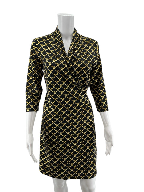 J. McLaughlin Catalina Cloth Black &amp; Gold Chain Print Ruched Dress Size Small