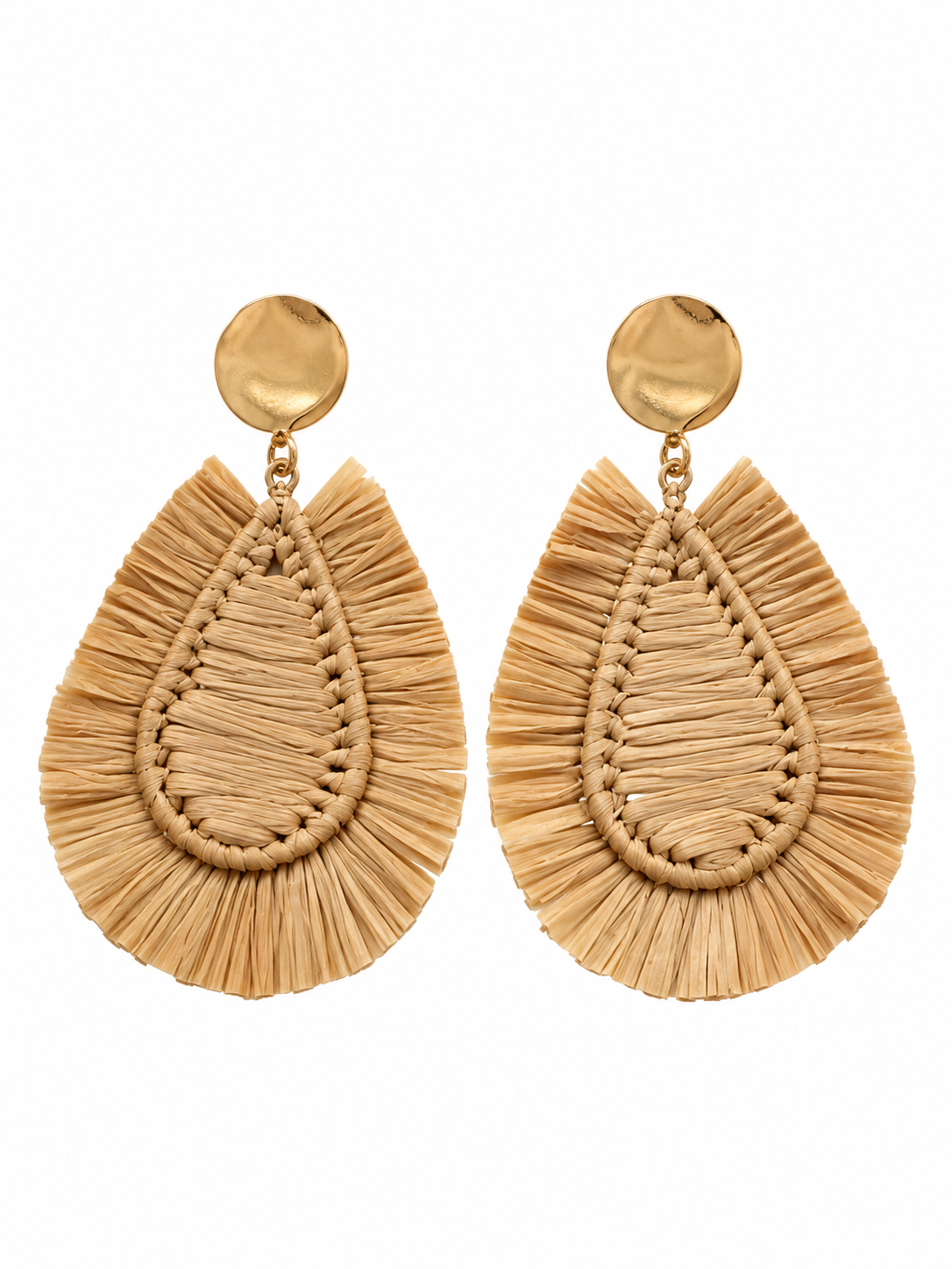 Unbranded Boho Raffia Teardrop Fringe Earrings with Gold Tone Studs