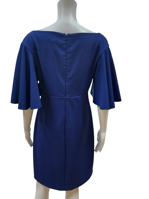 Back view of Trina Turk Blue Solid Pre-Owned Ladies Dress Size 8 with zipper closure and flounce sleeves in stretch crepe fabric.