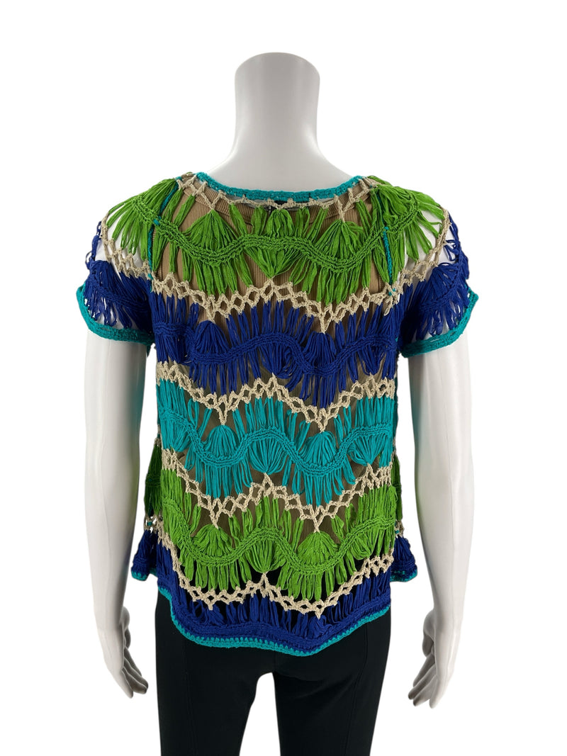 Fever Green/Turquoise Crochet Pre-Owned Ladies Top - Size Large - Margaret’s Fine Consignment