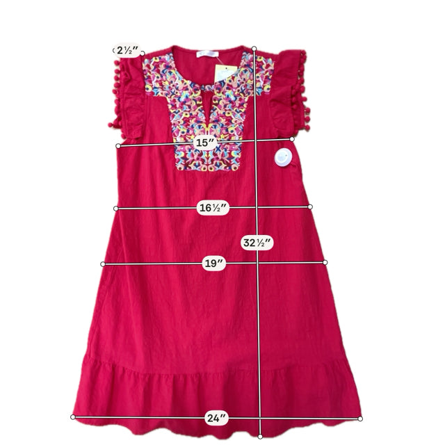 Kirundo Pink Multi Embroidered Ruffle Sleeve Bohemian Tunic Dress Size Medium
