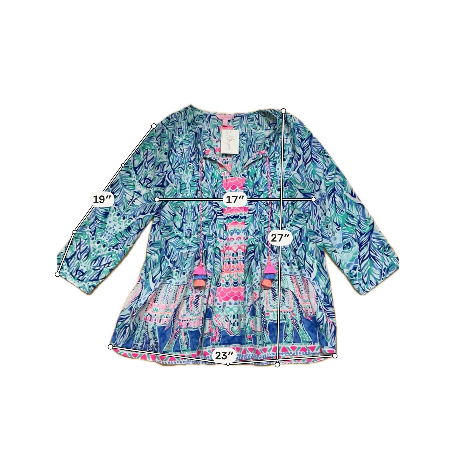 Lilly Pulitzer Tatum Tunic Top Multi Chin Chin Print V-Neck Tassel Blouse Size Large