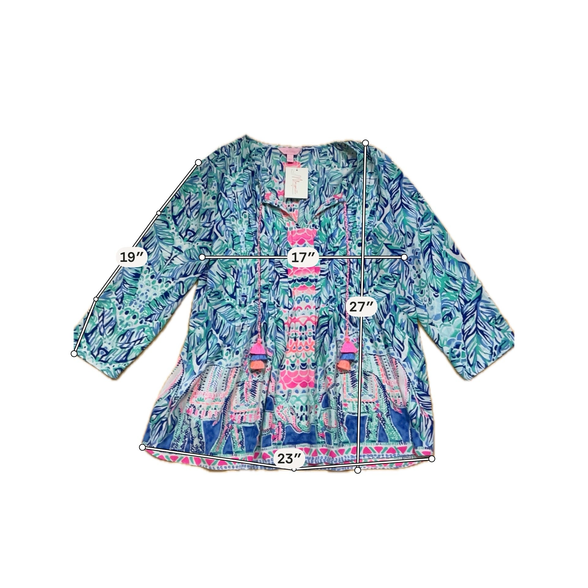 Lilly Pulitzer Tatum Tunic Top Multi Chin Chin Print V-Neck Tassel Blouse Size Large