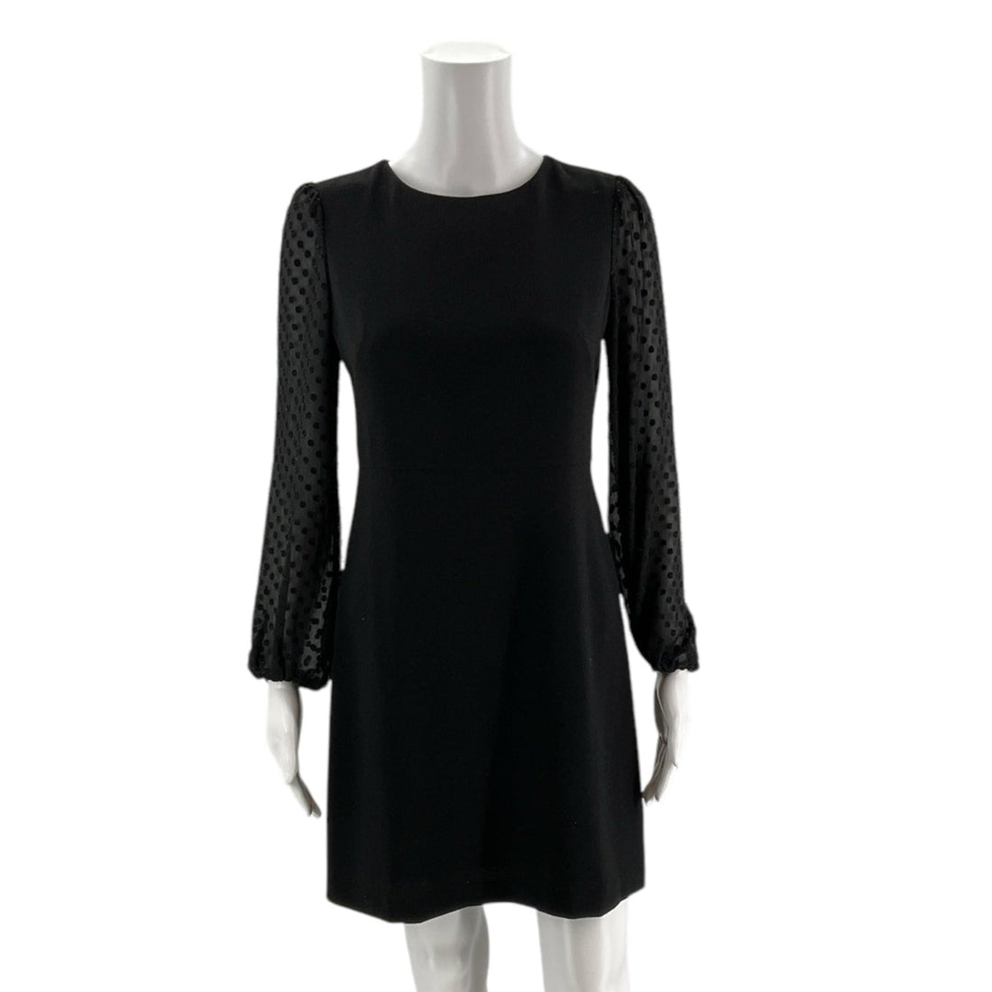 Front view of Ann Taylor Long Sleeve Black Solid Dress Size 0 Petite on mannequin, chic and timeless at Margaret&