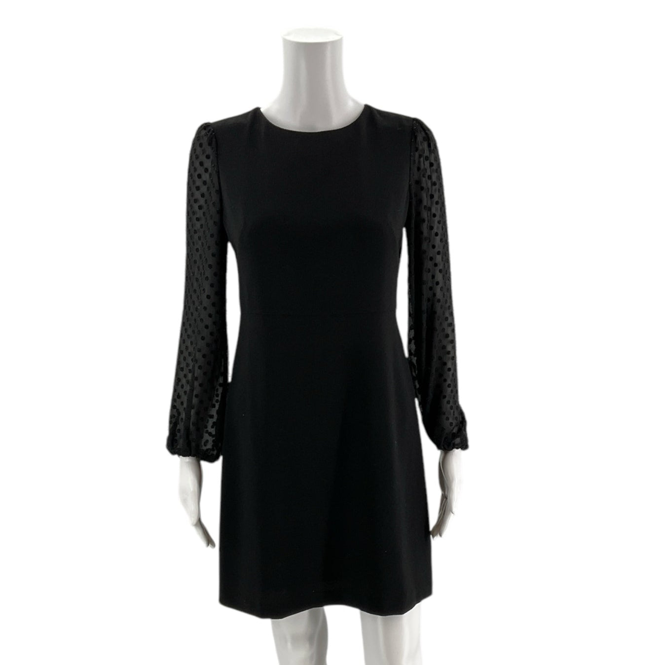 Front view of Ann Taylor Long Sleeve Black Solid Dress Size 0 Petite on mannequin, chic and timeless at Margaret&