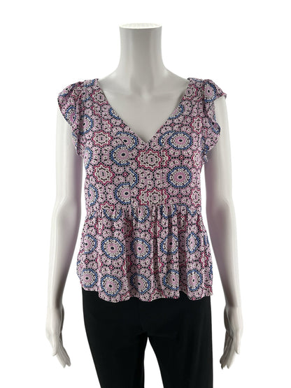 Pre-owned Loft lilac multi print ladies top, size small petite, featuring peplum design, flutter sleeves, and V-neck.