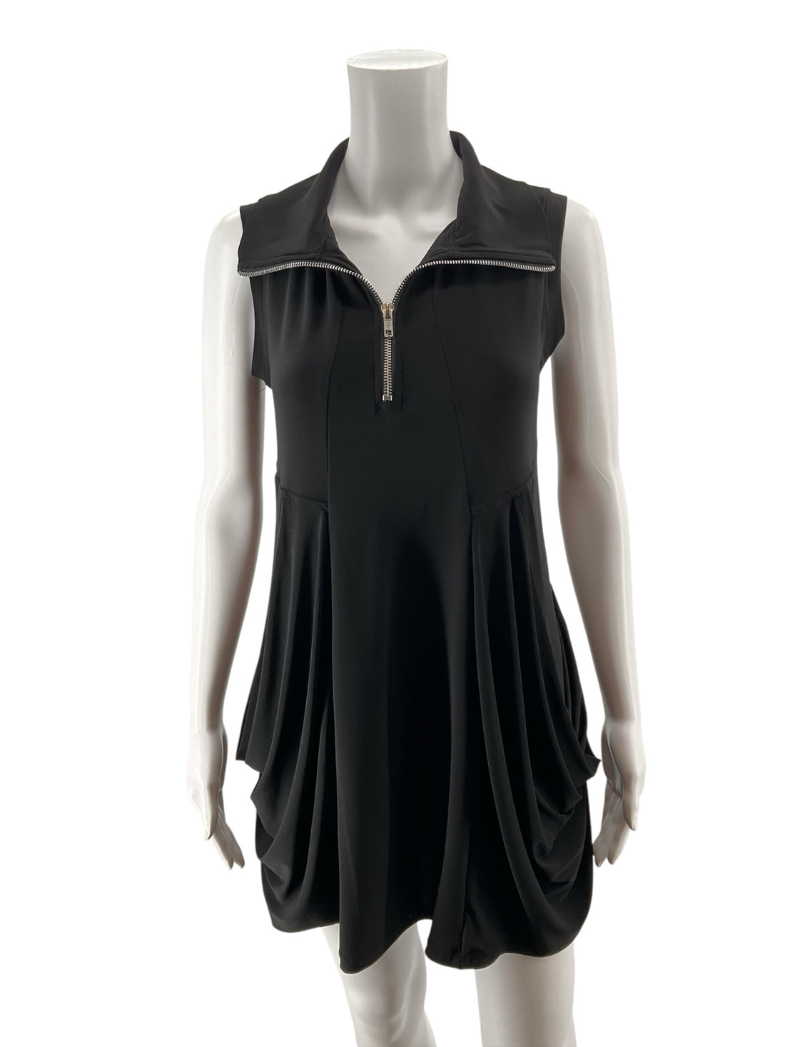 Gretchen Scott Ruffle Neck Half-Zip Sleeveless Tunic Dress Black Size Small
