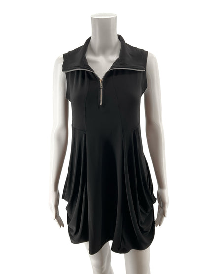Fashque Ruffle Neck Half-Zip Sleeveless Tunic Dress Black Size Small