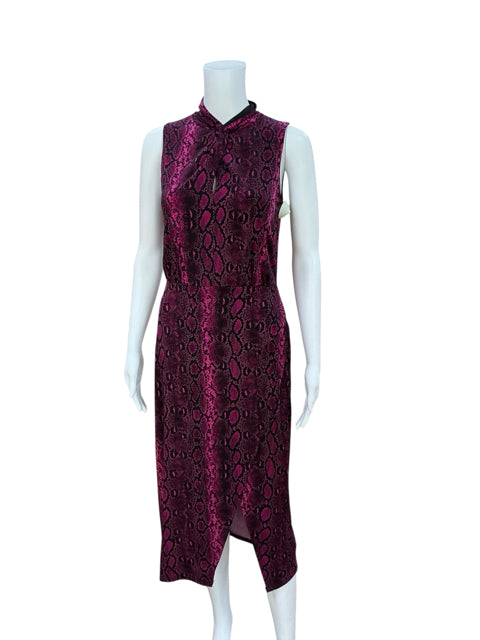 Front view of MICHAEL Michael Kors fuchsia snakeprint mandarin collar midi dress, size XS, sleeveless and form-fitting for cocktail occasions.