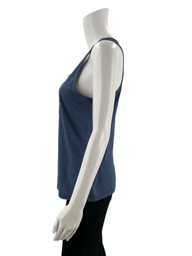 Side profile of Shein 'Just Peachy' graphic racerback tank top in navy blue, size small, on mannequin.