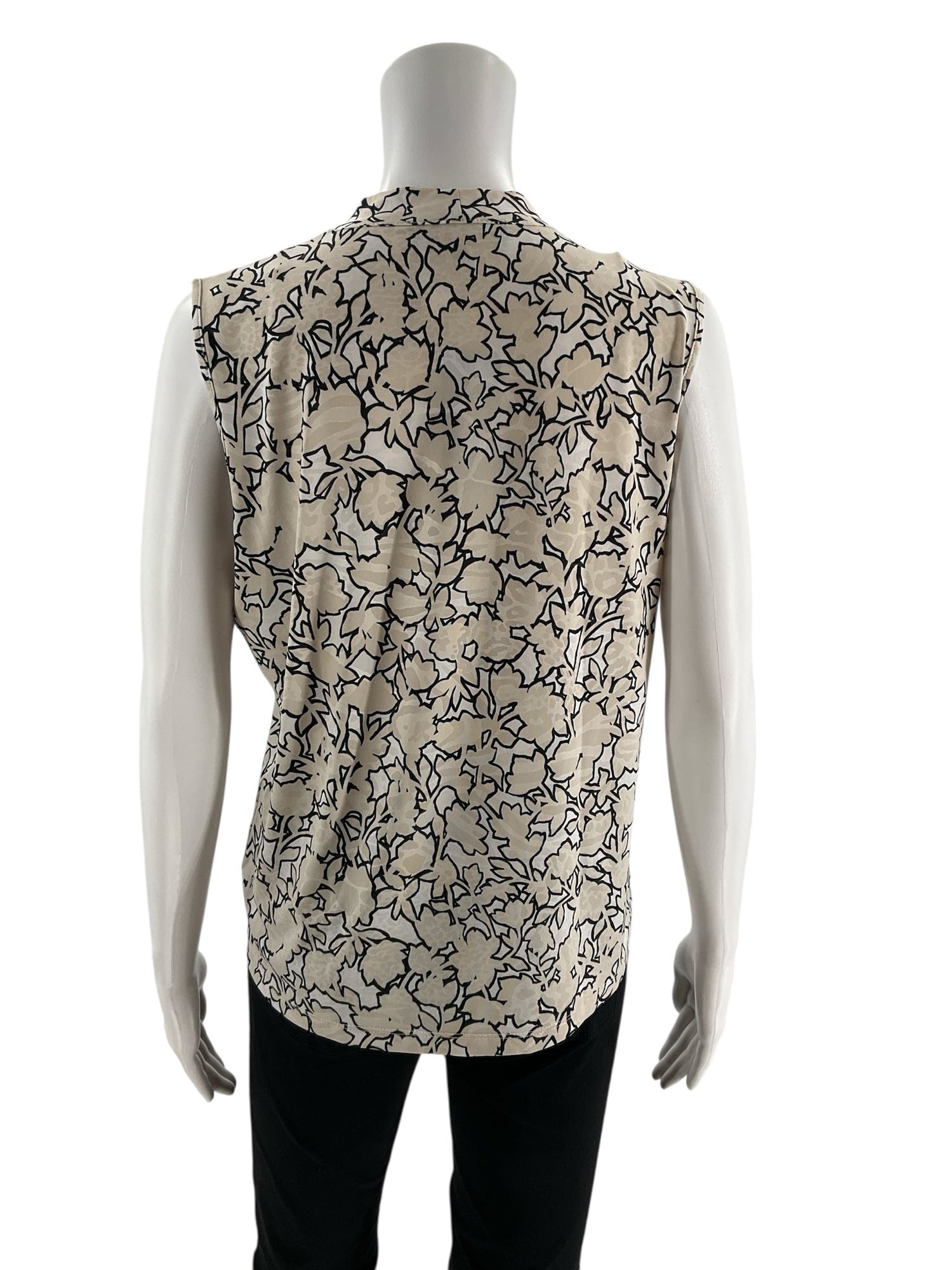 Jones New York tan and white print sleeveless blouse with tie-neck and V-neck, size petite large, ideal for business casual wear.