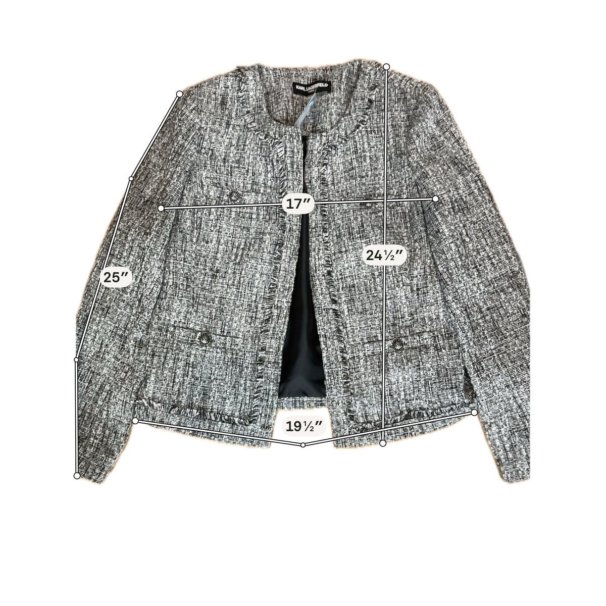 Karl Lagerfeld Paris Black &amp;amp; White Tweed Fringe Trim Bouclé Jacket Size 10