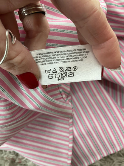 Brooks Bros pre-owned casual top featuring white, pink, and green stripes, size 16, displayed on a hanger.
