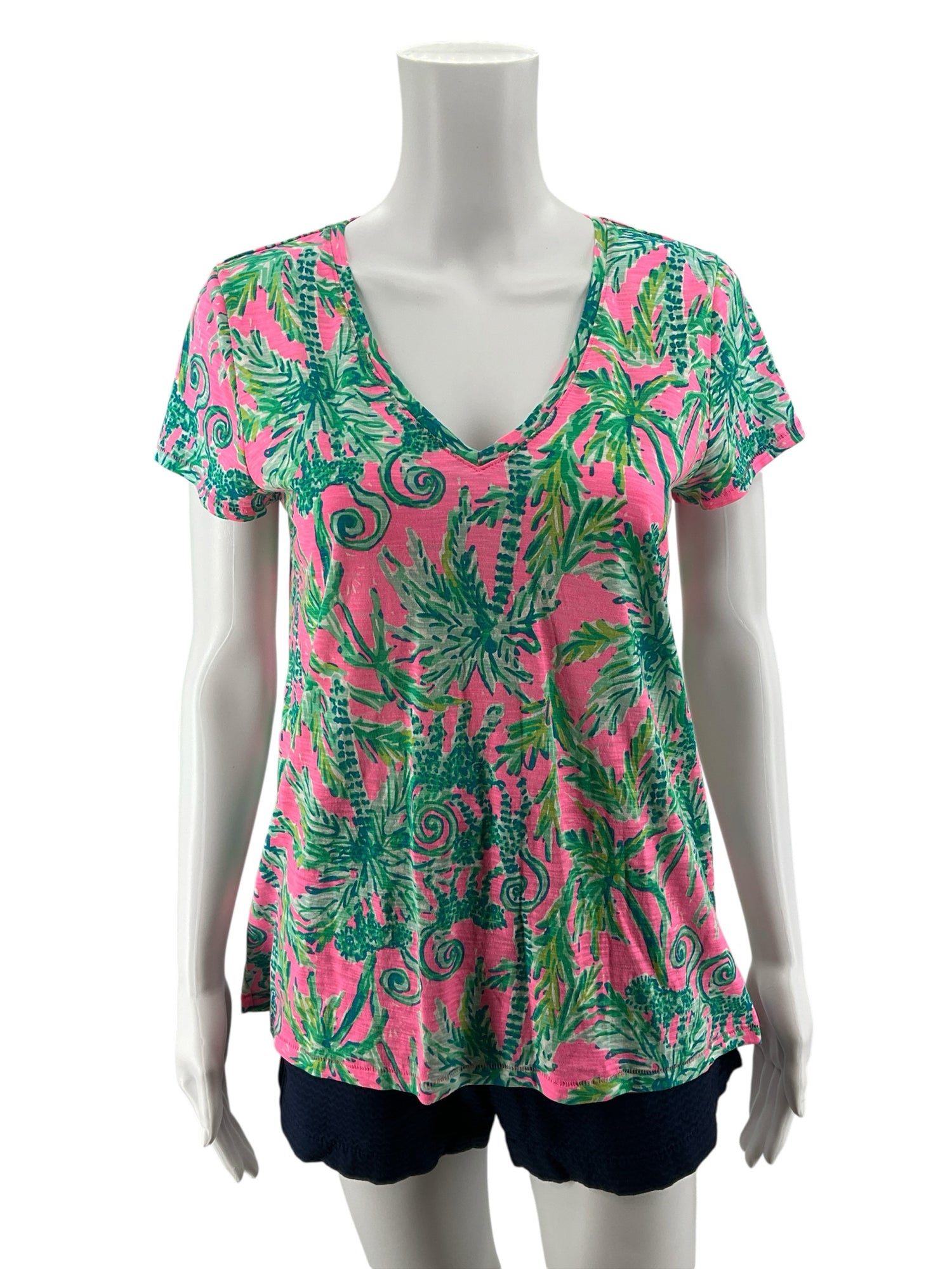 Lilly Pulitzer Etta V-Neck Tee Top S Pink Multi Sink Or Swim Palm Print