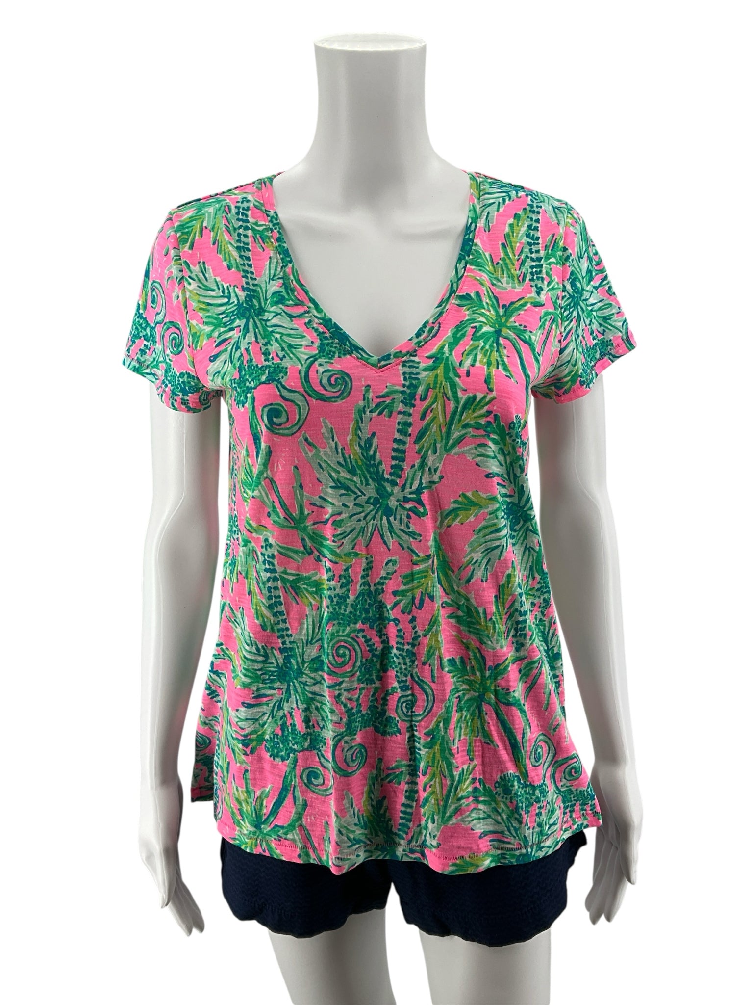 Lilly Pulitzer Etta V-Neck Tee Top S Pink Multi Sink Or Swim Palm Print