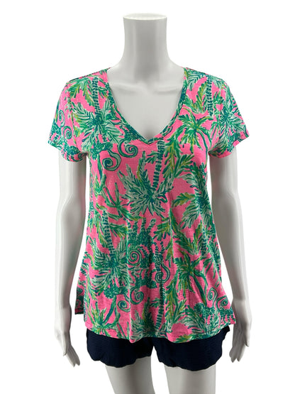 Lilly Pulitzer Etta V-Neck Tee Top S Pink Multi Sink Or Swim Palm Print