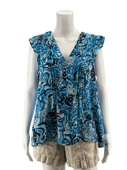 Lilly Pulitzer Kassia Top Bayside Blue Seen and Herd Floral Blouse Size Large