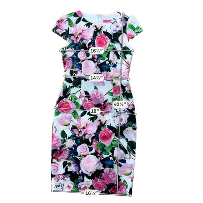 Betsey Johnson Floral Scuba Sheath Midi Dress Pink &amp;amp; Blue Rose Print Size 8