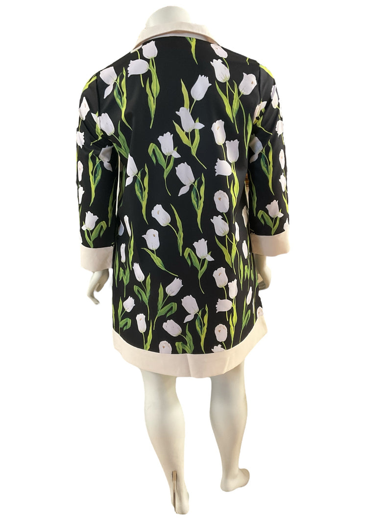 Back view of Uoozee black floral shift dress with white tulip print and cream trim. A-line cut in size XL, perfect for office or weekend outfits.