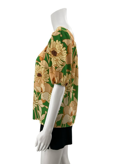 DR2 by Daniel Rainn Floral Puff Sleeve Square Neck Blouse Top XS Green