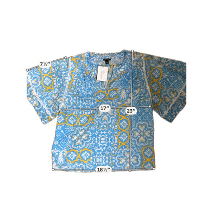 Ann Taylor blue/white/orange Short Sleeve Mosaic Tile Print Smocked Peasant Top Size Small - Size S
